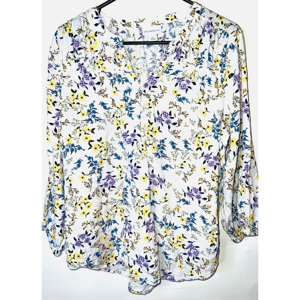 Liz Claiborne Womens Floral Print Blouse Elastic Cuff White Yellow  Cotton Rayon